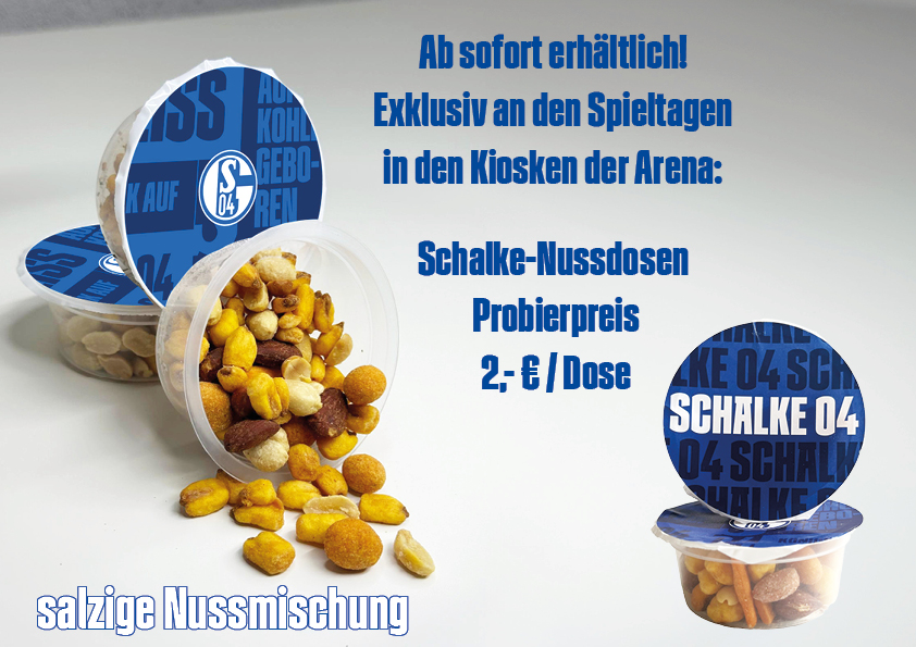 Schalke Nussdosen sind ab sofort an Spieltagen an den Kiosken in der Arena erhältlich